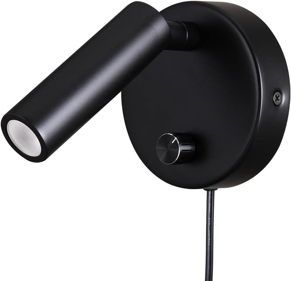 Surface Wall Mounted Reading Light Sconces Lamp Physical Knob Dimmer Switch LED 5W Warm White 3000K (Black Plug Cord)