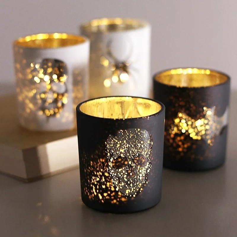Spooky Halloween Votive Candle Tealight Holder, Pack of 4, Black/White, Witch, Skull, Spider, Decorations