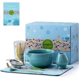 Clay&Fire Matcha Whisk Set, Ceramic Matcha Set, Matcha Bowl with Spout and Whisk, 8 pcs Matcha Tea Kit for Matcha Lovers, Ideal Gift Christmas, Birthday (Blue)