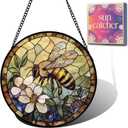 3 x Bee Gifts for Mom - Bees Flowers Faux Stained Glass Window Hanging Sun Catcher for Door Garden Acrylic Decor Mother's Day Birthday Stocking Stuffer Gift for Women Nana Friend Men Grandma 6.3"