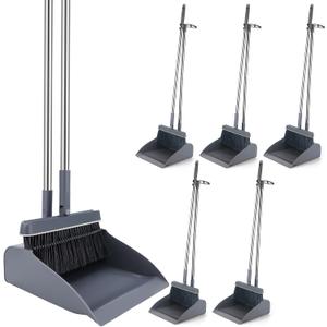 Nosiny 6 Broom and Dustpan Set with 48 Inches Long Handle with Stand up Dustpan Combo Set Large Size and Stiff Broom Dust Pan for Office Kitchen Lobby Floor Use