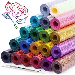 20 Pcs Glitter HTV Heat Transfer Vinyl, 12"x5FT Iron on Vinyl Bundle Sheets, 20 Assorted Colors HTV Heat Transfer Vinyl for T-Shirt, Easy to Cut, Glitter Vinyl for Heat Transfer Gift DIY