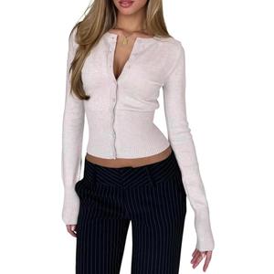 Women Button Down Long Sleeve Ribbed Knit Cropped Cardigans Y2k Solid Crew Neck Slim Fit Crop Cardigan Sweater (Beige, M)