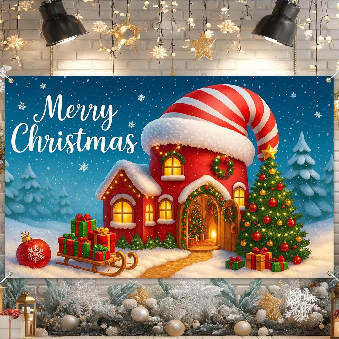 Christmas Banner 71x43 Inch Candy House Holiday Backdrop with Tree Gifts Snowflakes Red Winter Background for Indoor Outdoor Party Photography Seasonal Decoration