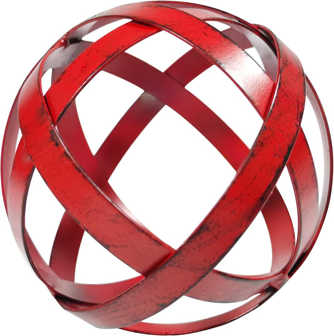 BSTGIFTS Decorative Sphere - Metal Band Sphere - Home Decor Accents - Tabletop Decorations for Living Room (Red)