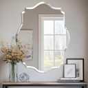 Frameless Scalloped Wall Mirror: Decorative Scallop Oval Mirrored Glass Vanity with Beveled Silver Edge for Bathroom Bedroom Livingroom Dining Room Entryway Hallway, 28 x 20 inch