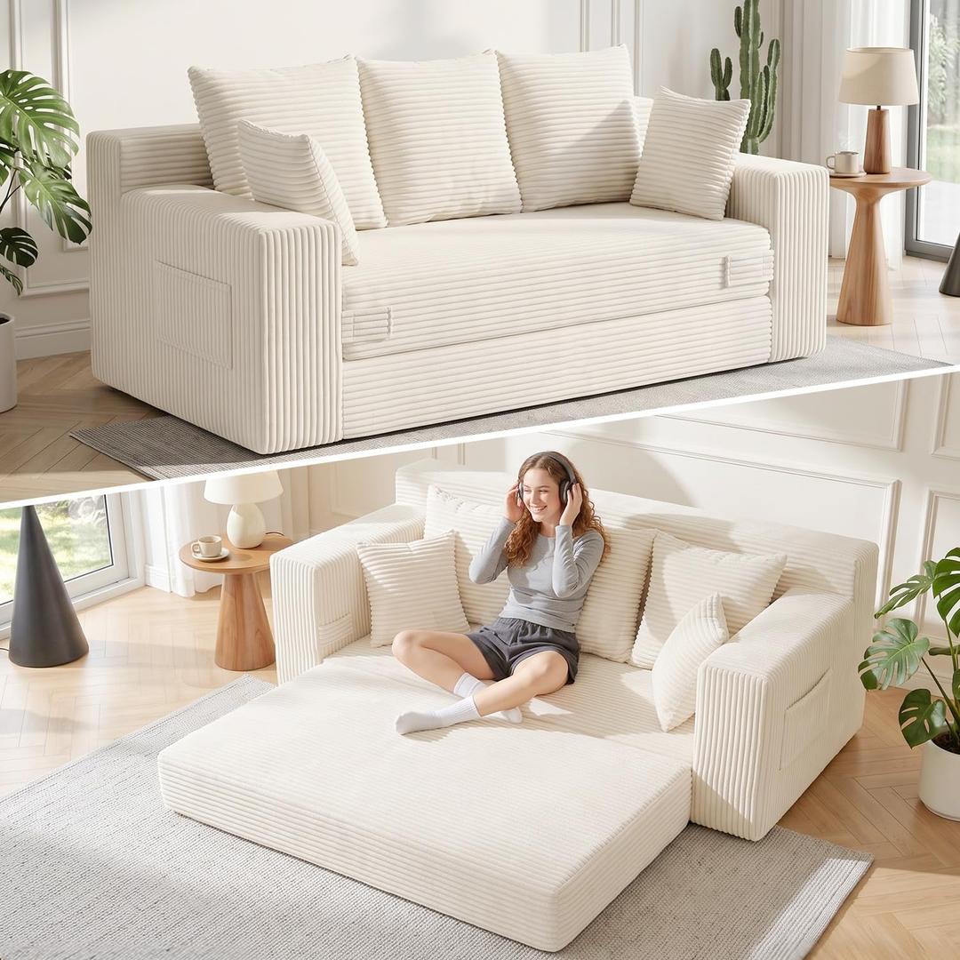 Boneless Couch for Living Room, 3 Seater Convertible Sofa Bed in A Box, Folding Pull Out Couch with Comfy Corduroy, Loveseat Sleeper Floor Sofa with 5 Pillows, No Assembly Required, Beige, 70''-3 Seat
