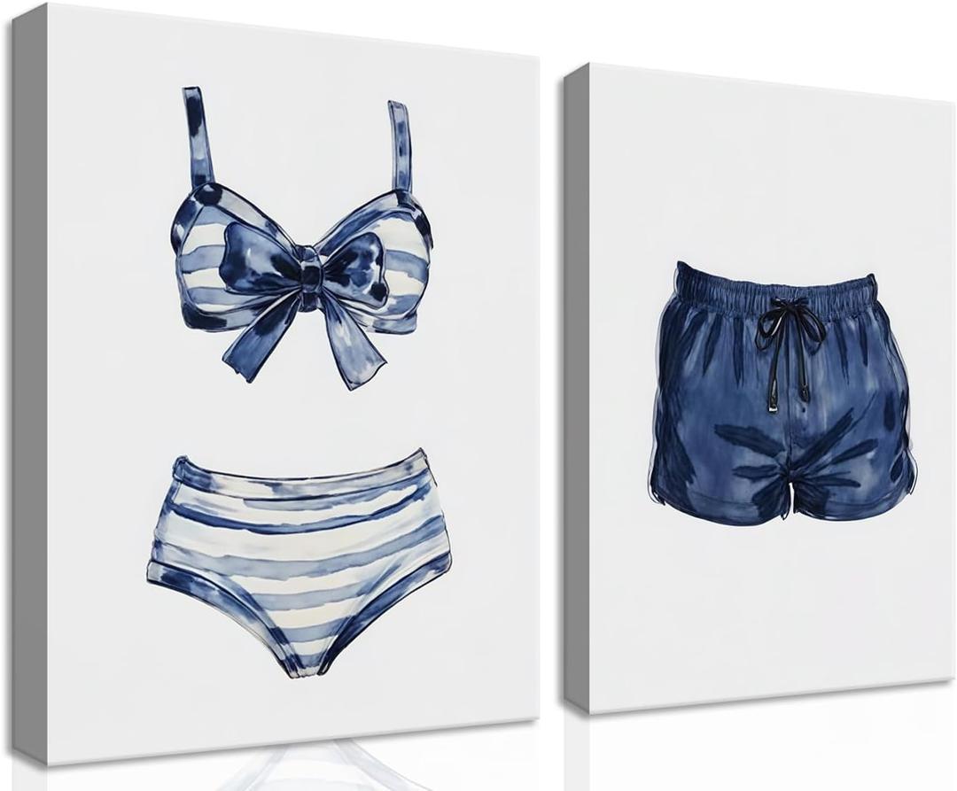 Blue White Swimsuit Canvas Wall Art, Beach House Wall Decor, Vintage Painted Swimsuit Artwork, Coastal Lake House Picture Painting Print for Girls Room Bedroom 12x16 inch Framed (24L" x 16W")