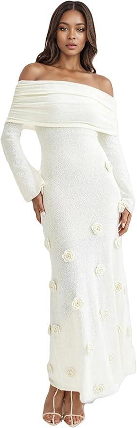 LETSVDO Women's Off The Shoulder Crochet Maxi Dress Long Sleeve Bodycon 3D Floral Knit Mesh Sweater Sexy Party Dresses, S, White