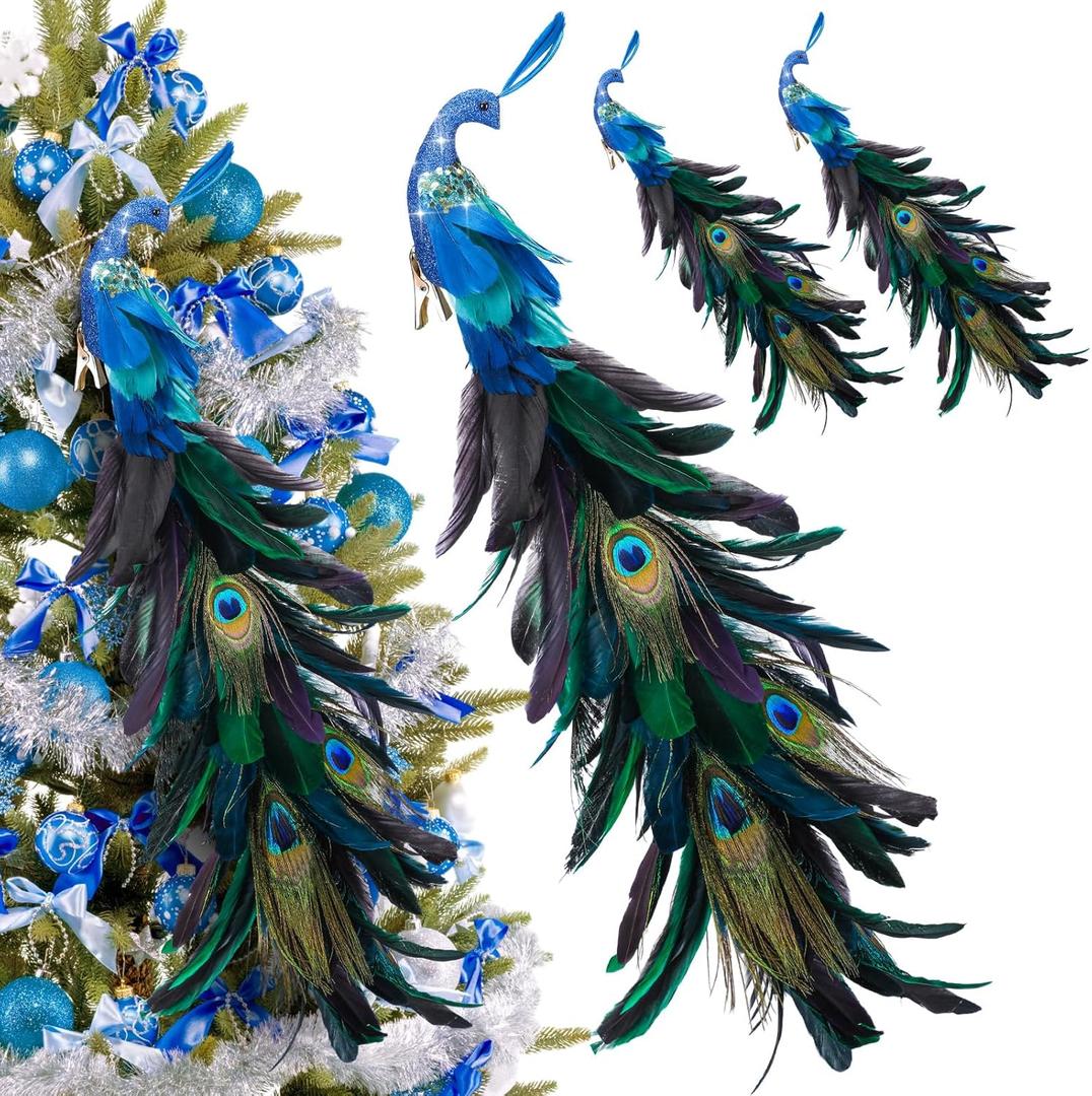 Giegxin 4 Pcs Peacock Christmas Tree Ornaments Long Tail Feather Peacock Christmas Decorations Glitter Bird Clip on Ornament for Xmas Tree Decor