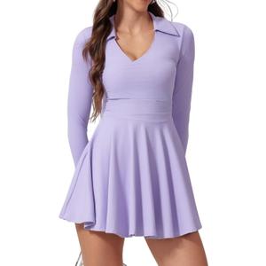 Womens Tennis Dress Polo Collar Long Sleeve A-line Mini Exercise Athletic Dresses with Pockets Shorts (Medium, Purple)