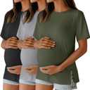 Ficerd 3 Pack Women's Maternity T Shirts, Short Sleeve Side Split Pregnancy Tops Casual Crew Neck Pregnant Tees Mama Clothes (M)