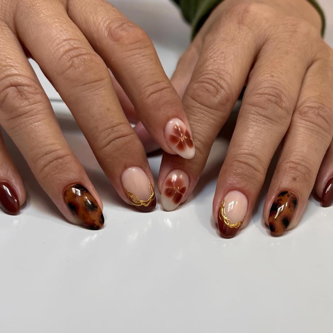 2 x Tortoiseshell Press on Nails Almond - Brown Fake Nails 24Pcs