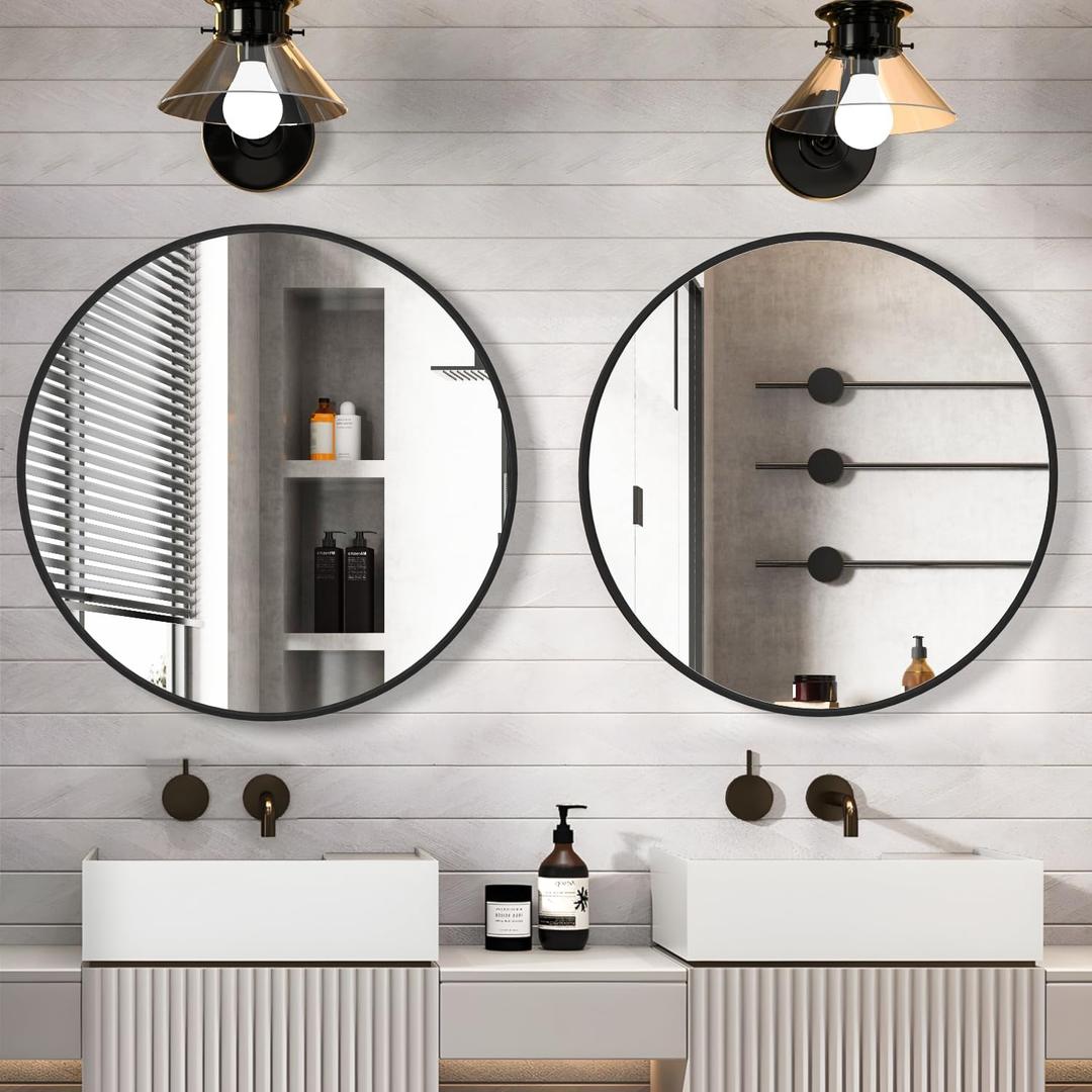 CONGUILIAO Circle Mirror Black 28 Inch Round Wall Mounted Mirror, Large Bathroom Mirror, Wall Mounted Over Sink Vanity Mirror for Living Room Washrooms Entryways Decor, 2 Pieces