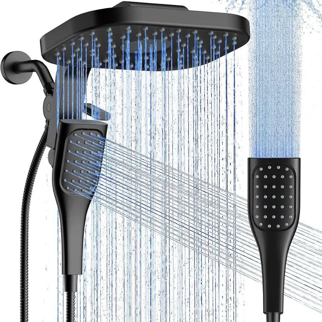 Veken Rain Shower Head with Handheld. High Pressure Multi-Function Rainfall Showerhead Combo with Handheld Spray with Hose, Detachable Dual Shower Heads Built-in Magnetic Docking and Power Jets, Black