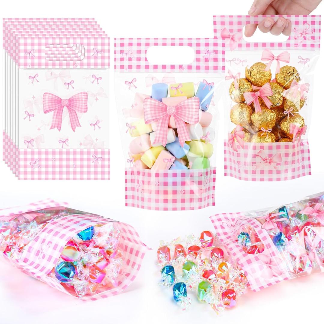 Fuutreo 50 Pcs Pink Bow Gift Bags Coquette Birthday Plastic Bag Resealable Bowknot Pouches with Handles for Wedding Bridal Shower Pink Bachelorette Party Candy Gift Wrap Supplies Decoration (Bow)