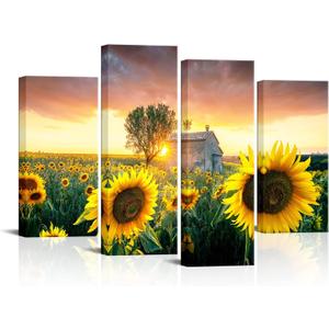 Biuteawal Sunflower Canvas Wall Art Decor 4 Pieces Sunset Landscape Paintings Print Yellow Flower Framed Picture Botanical Field Artwork for Living Room Home Kitchen Bathroom Farmhouse Decorations, 12x24inchx2pcs+12x32inchx2pcs
