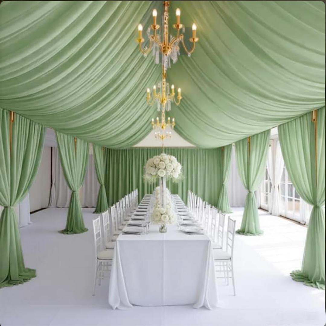6 Panels Sage Green Chiffon Draping Fabric for Wedding 60" W x 480" L - Easy Hanging, Ceiling Curtains for Wedding Arch, Home Decor, Stages, Party, Canopy Drapes, Ideal for Event Planners