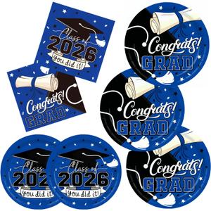 Gatherfun Graduation decorations 2026 Blue Graduation Party Plates and Napkins Disposable Paper Plates Luncheon Napkins for Congrats Grad Party Decorations, Serve 50