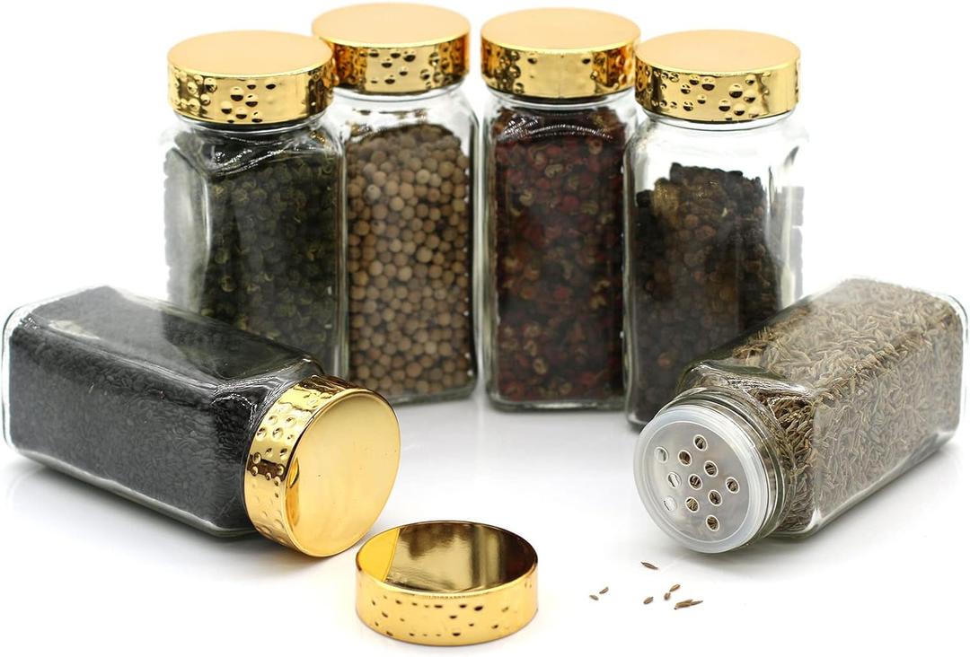 Tianifa 6pcs Gold Spice Jars, 4 oz Glass Seasoning Bottles, Spices Container, Empty Spice Jars, Square Spice Bottles with Airtight Plastic Caps with Shaker Lids