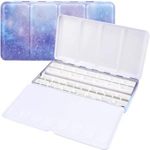 LOONENG Empty Watercolor Palette, Empty Watercolor Tin with Fold Out Palette, Large Purple Watercolor Tray Palette with 28 Empty Full Pans for Plein Air Painting and Sketching (Galaxy)