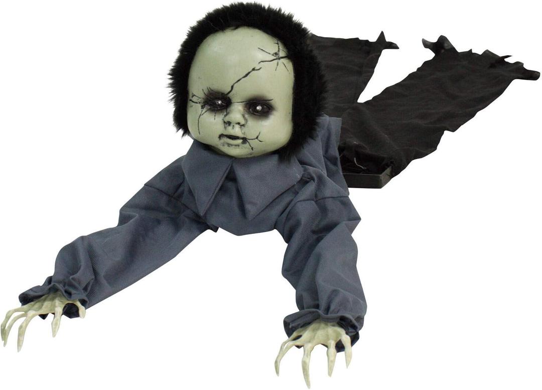 Haunted Hill Farm Scary Haunted Crawling Baby Doll, Halloween Animatronic with Touch Activated Lights and Sound, Battery Operated Indoor or Covered Outdoor Halloween Decorations, Creepy Halloween Prop