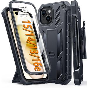 FNTCASE for iPhone 15 Phone Case: for iPhone 13 & 14 & 16e Case Military Grade Shockproof Protection Hard Phone case Dual Layer Matte Textured Drop Proof Rugged Protective Cover 6.1 Inch Black