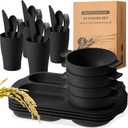 24 Pcs Wheat Straw Dinnerware Cutlery Set for Aldult Including Divided Plates Microwave Dishwasher Safe Bowl Unbreakable Tableware Straw Cutlery Spoon Knife Fork(Black)