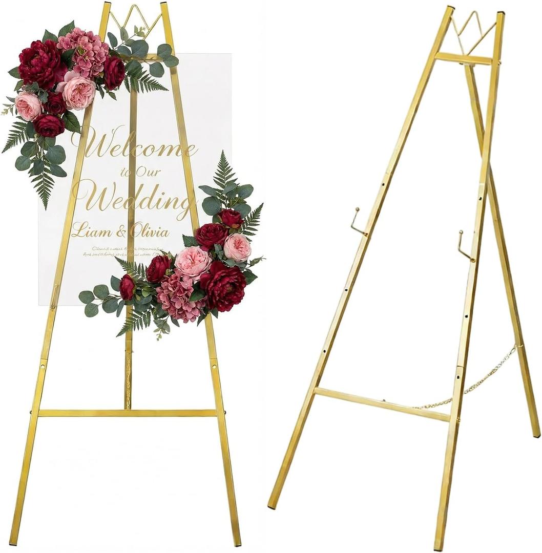 57.5" Gold Easel Stand for Sign, Heavy Duty Welcome Sign Stand, Floor Standing Display Easel for Wedding Sign Painting Pictures Posters