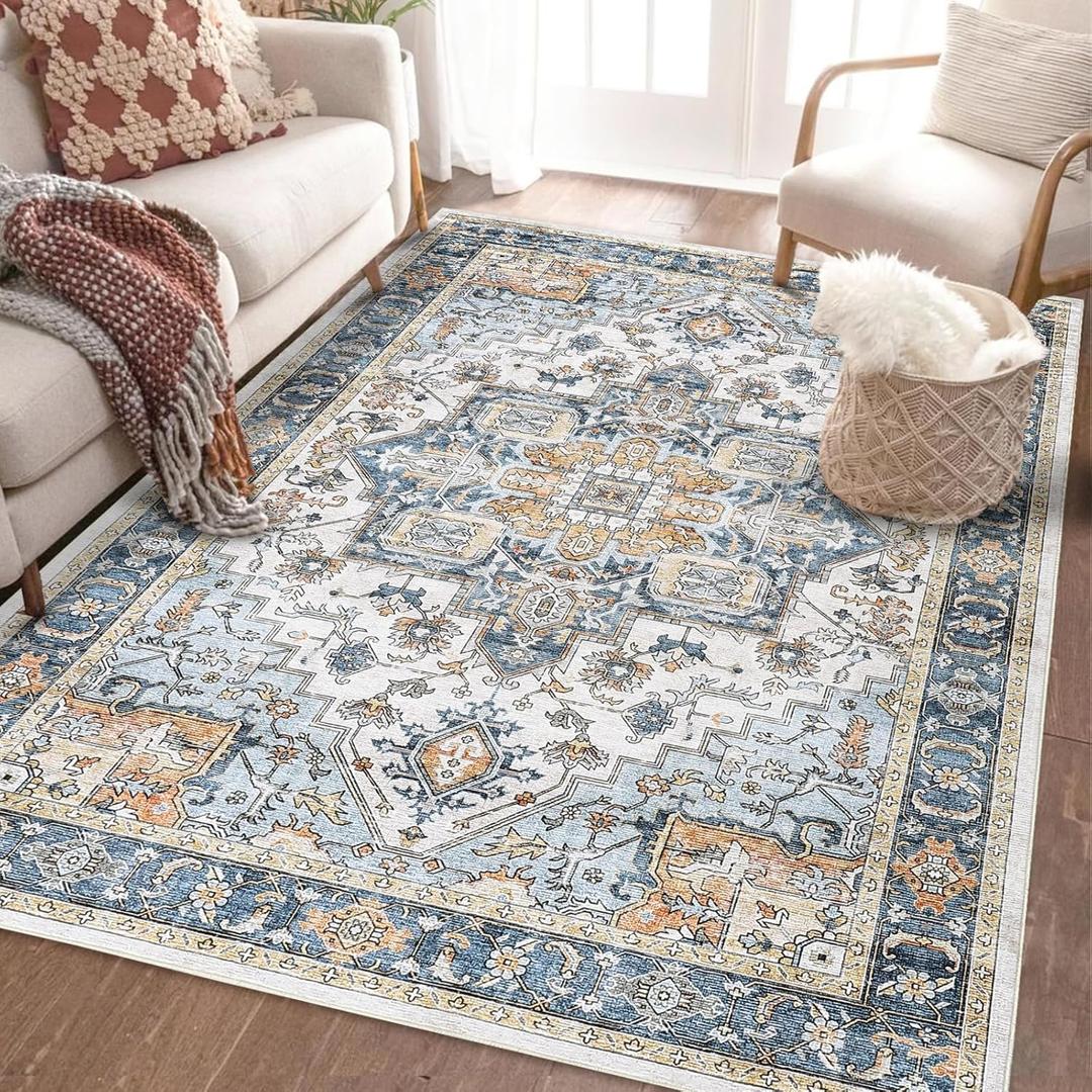 GAOMON 9x12 Area Rug for Living Room, 9x12 Machine Washable Vintage Rug Carpet for Bedroom Dinning Room, Distressed Area Rug Indoor Non Slip, Brown Blue