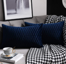 DEZENE Navy Striped Couch Pillow Cases: 2 Pack 12x20 Inch Original Velvet Rectangular Throw Pillow Covers for Farmhouse Home Decor