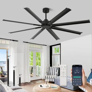72 Inch Ceiling Fan No Light with Remote Control, 8 Blades Quiet DC Reversible Motor, 6-Speed, Timer, Black, Indoor Outdoor Ceiling Fans for Patios, Living Room, Garage