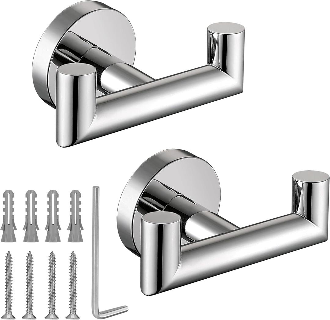 Towel Hooks for Bathrooms,Polished Chrome Towel Hook for Kitchen Bathroom,SUS304 Stainless Steel Coat Hook,Heavy Duty Double Towels Holder Hooks for Hanging Towels,Coats,Clothes,Wall Mount,2 Pack