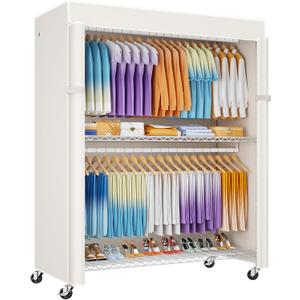 P8C Max Heavy Duty Clothes Rack（With Extended Width Design） Rolling Clothing Racks for Hanging Clothes with Lockable Wheels，51.2"W x 15.8"D x 80.5"H，Load 800LBS，White Rack with White Cover