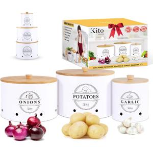 Canister Sets for Kitchen Counter with Wooden Bamboo Lids, Kitchen Canisters for Countertop, Stackable Steel Farmhouse Canisters for Potato Storage, Onion and Potato Storage Bins - White