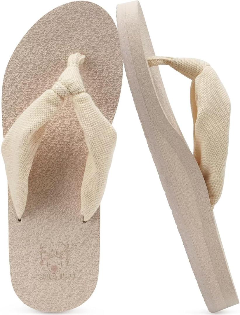 KuaiLu Flip Flops for Women with Arch Support Yoga Mat Comfortable Summer Beach Walking Thong Cushion Sandals Slip On Indoor Outdoor (10, Beige)