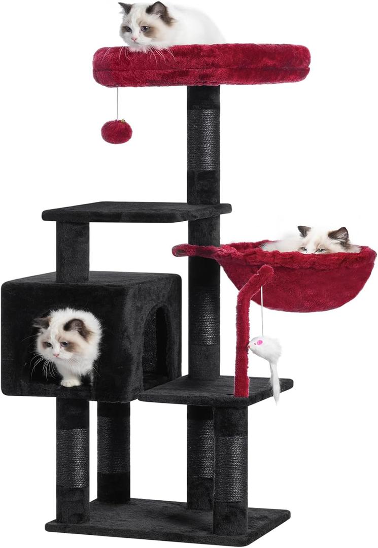 Heybly Cat Tree with Toy, Cat Tower Condo for Indoor Cats, Cat House with Padded Plush Perch, Cozy Hammock and Sisal Scratching Posts, Black and Red HCT004SBR (43.3 inch)
