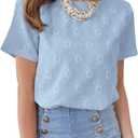 Dokotoo Women's Tops Casual Scoop Neck Short Sleeve Eyelet Embroidered Hollow Out Blouses Shirts (Blue, S)
