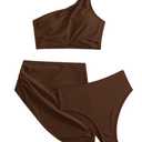 3 Piece Bikini Sets for Women One Shoulder Swimsuits Tummy Control High Waisted with Cover Up Skirt CoffeeBrown Large (Brown, L)
