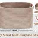Large Cotton Rope Storage Basket with Leather Handles, Laundry Hamper Basket, 20 "L x 14" W x 12 "H, Durable & Stylish Organizer for Home.(Large Khaki)