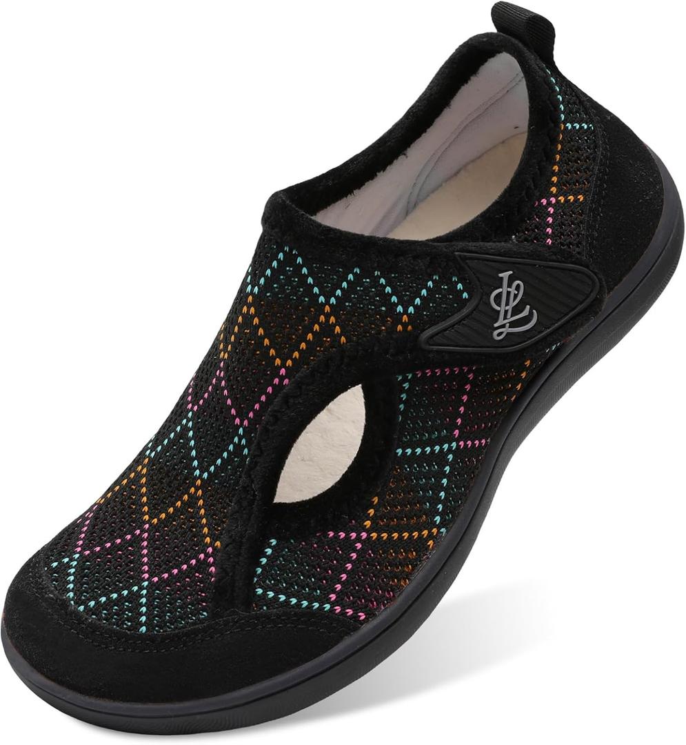 LeIsfIt Womens Slippers Wide Diabetic Shoes Adjustable Arthritis Edema House Shoes Indoor Outdoor Slippers (9.5 Wide, Black/Knit)