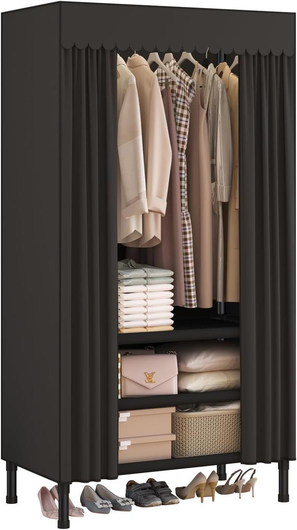 Portable Closets for Hanging Clothes,Clothes Rack with Cover,Portable Wardrobe Closet with 1 Hanging Rods, 2 Storage Shelves,27.5" L x 17.7" W x 67.7" H,Black