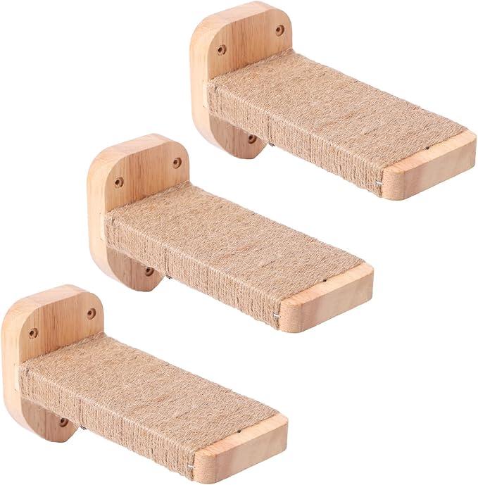 COOLEX 3pcs Cat Wall Steps, Climbing Mounted Furniture, Shelves With Hemp Rope Covered, Solid Wood Ladder for Playing and Climbing (StandardWood)
