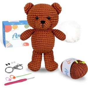 Amorloop Crochet Kit for Beginners Easy-to-See Stitches Yarn, Pre-Started Piece, and Step-by-Step Video Tutorials | Starter Crochet Set with Cute Animal Pattern Original Handmade Bear Pattern
