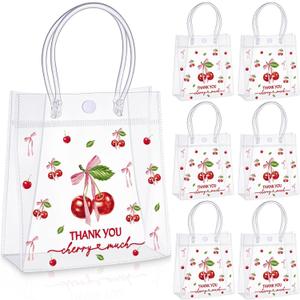 Kolldenn 24 Pcs Cherry Clear Plastic PVC Gift Bags with Handles Cherry Party Favor 5.9 x 2.8 x 6.3 Inches Shopping Handbags Candy Themed Goodie Holder Party Supplies Birthday Treat