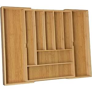 SerOcean Expandable Bamboo Drawer Organizer for Kitchen Utensils, Lux Stylish Organizer Tray for Cutlery. Easy Storage with 7-9 Compartments for Silverware, Utensils and Cutlery. Bamboo Drawer Divider