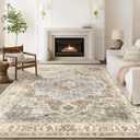 8x10 Washable Area Rug: Vintage Neutral Soft Non Slip Thin Large Floor Carpet for Living Room Bedroom Kitchen Dining Room Home Office Farmhouse Indoor - Grey Brown