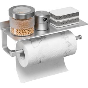 BESy Adhesive Paper Towel Holder Wall Mounted for Kitchen 13 in, Bathroom Tissue Roll Hanger with Storage Shelf, Space Aluminum, Self Adhesive with Glue or Wall Mount with Screws, Dull Polished Silver