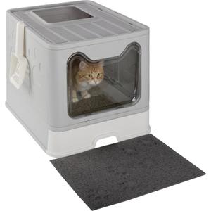 Enclosed Cat Litter Box - Foldable Litterbox with Lid, Cat Scoop, Mat, and Pull-Out Drawer for Easy Cleaning - Spacious Front Entry and Top Exit Litter Box Enclosure - Pet Supplies by PETMAKER (Gray)