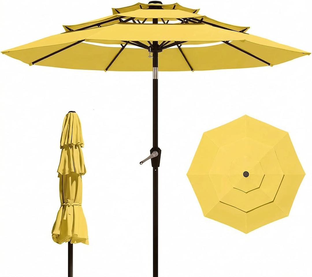 10FT Patio Umbrella 3 Tiers Outdoor Market Umbrella w/Push Button Tilt, Crank, UV and Waterproof Table Umbrella for Garden, Pool, Backyard, Deck, Lawn, Sunshine Yellow